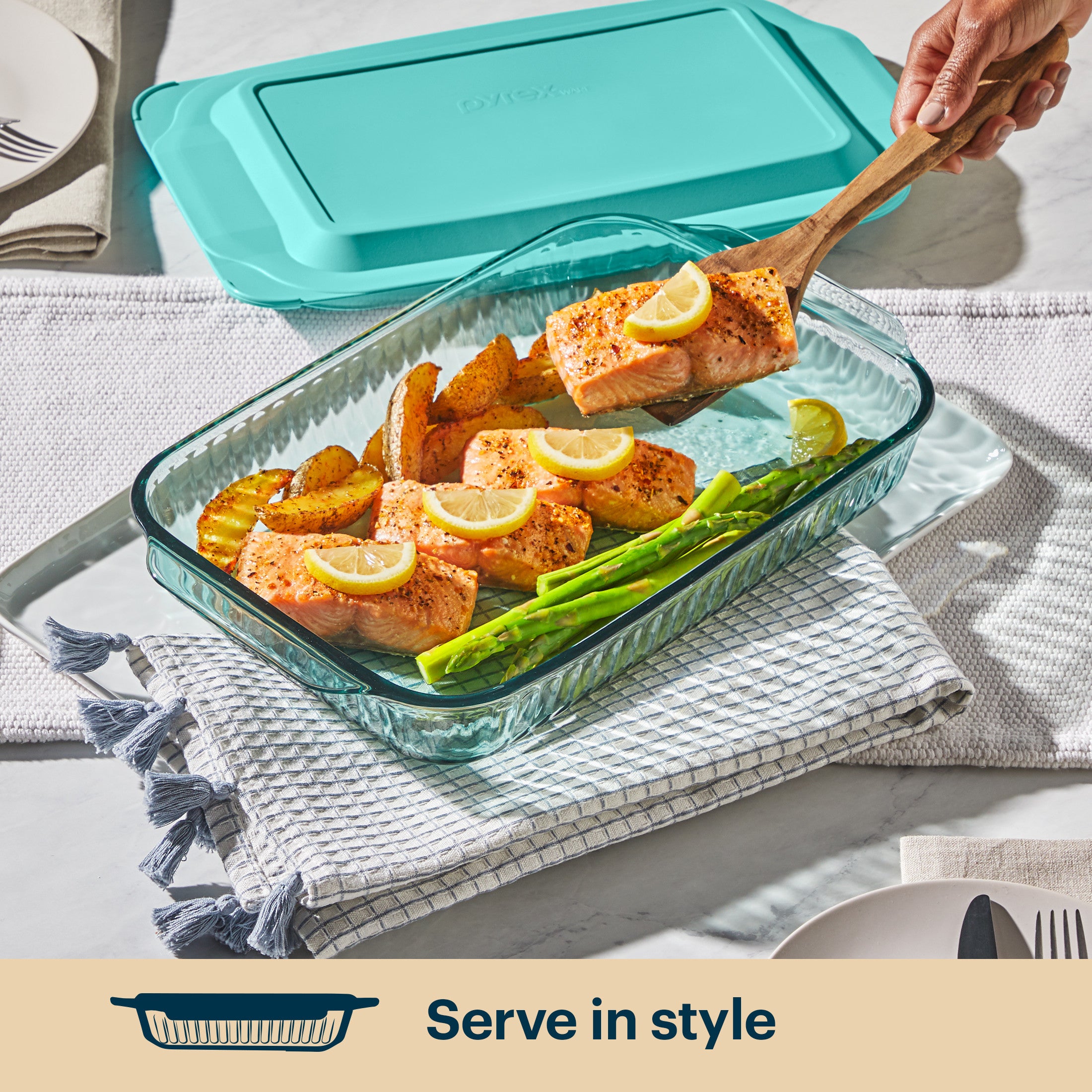 Pyrex® Sculpted Tinted Glass 3QT Oblong Baking Dish with Lid. Aqua - Image 5