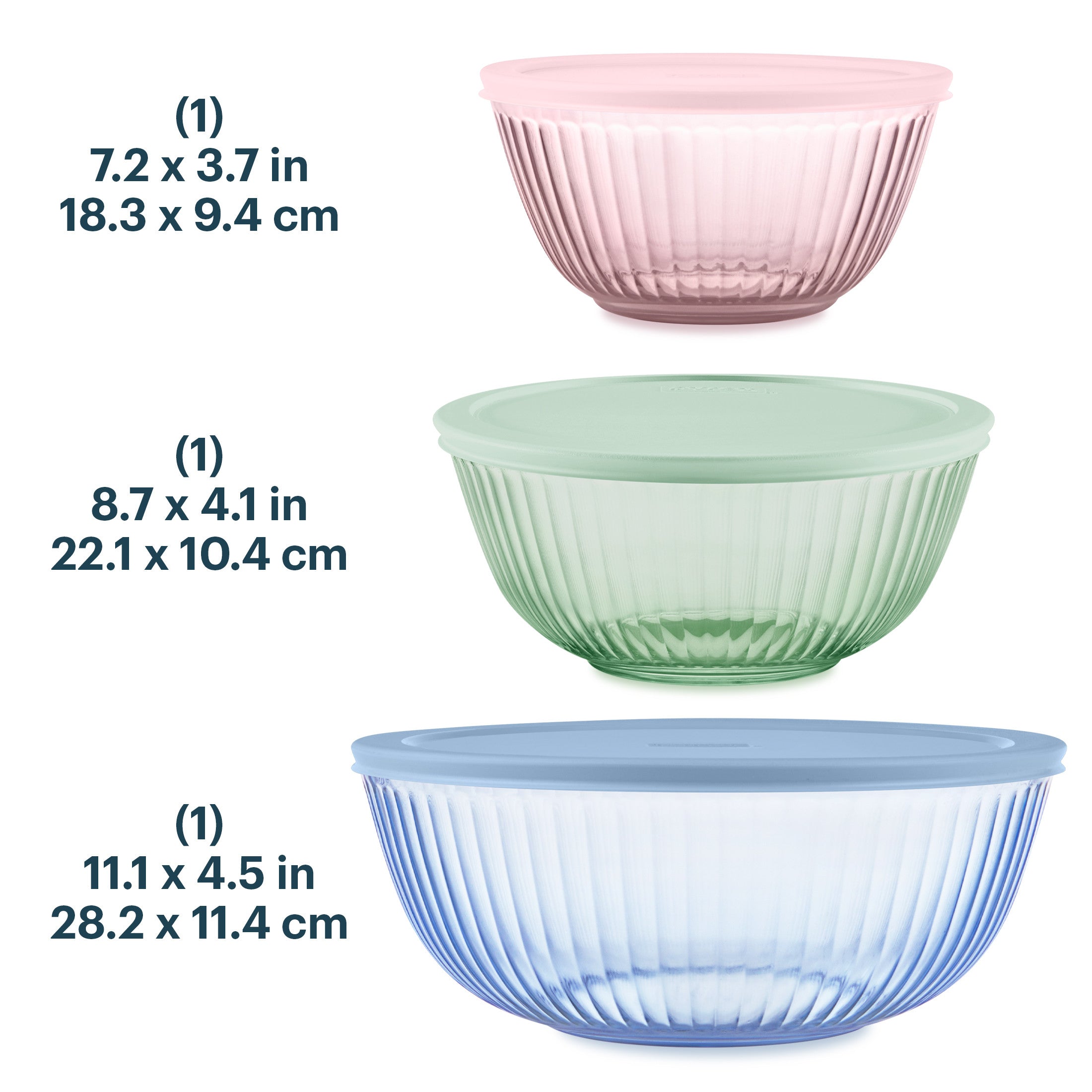 Pyrex® Sculpted Tinted Glass Mixing Bowls with Lids. 6-pc Set. Mixed Colors - Image 3