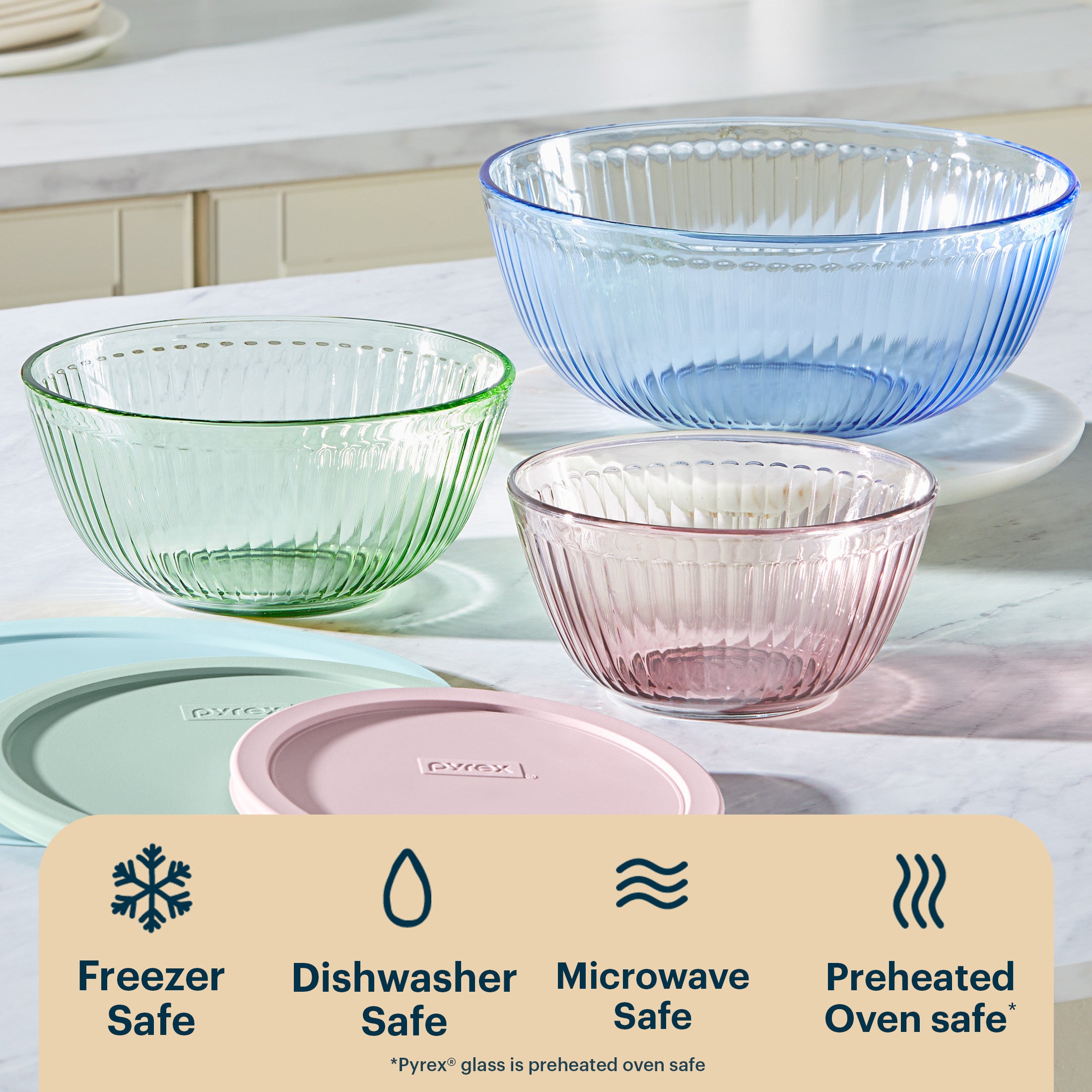 Pyrex® Sculpted Tinted Glass Mixing Bowls with Lids. 6-pc Set. Mixed Colors - Image 4