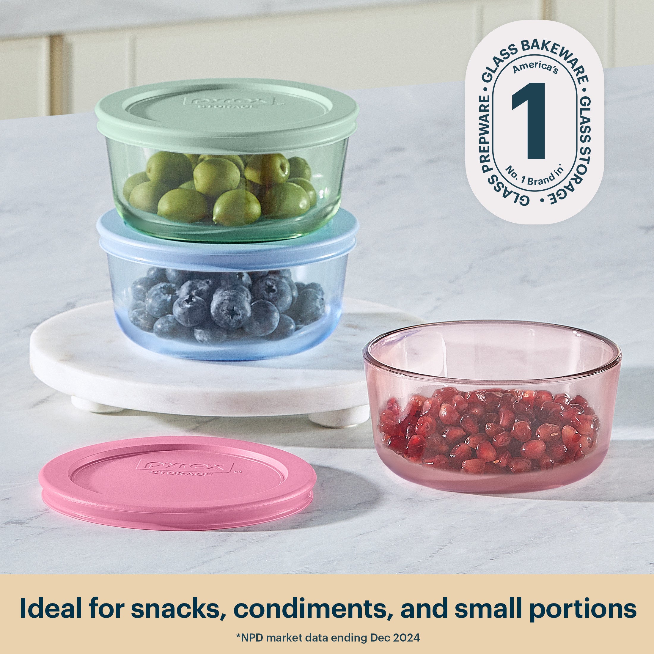 Pyrex? Simply Store? Tinted Glass 2-cup Round Storage Containers. 6-pc Set. Mixed Colors - Image 2