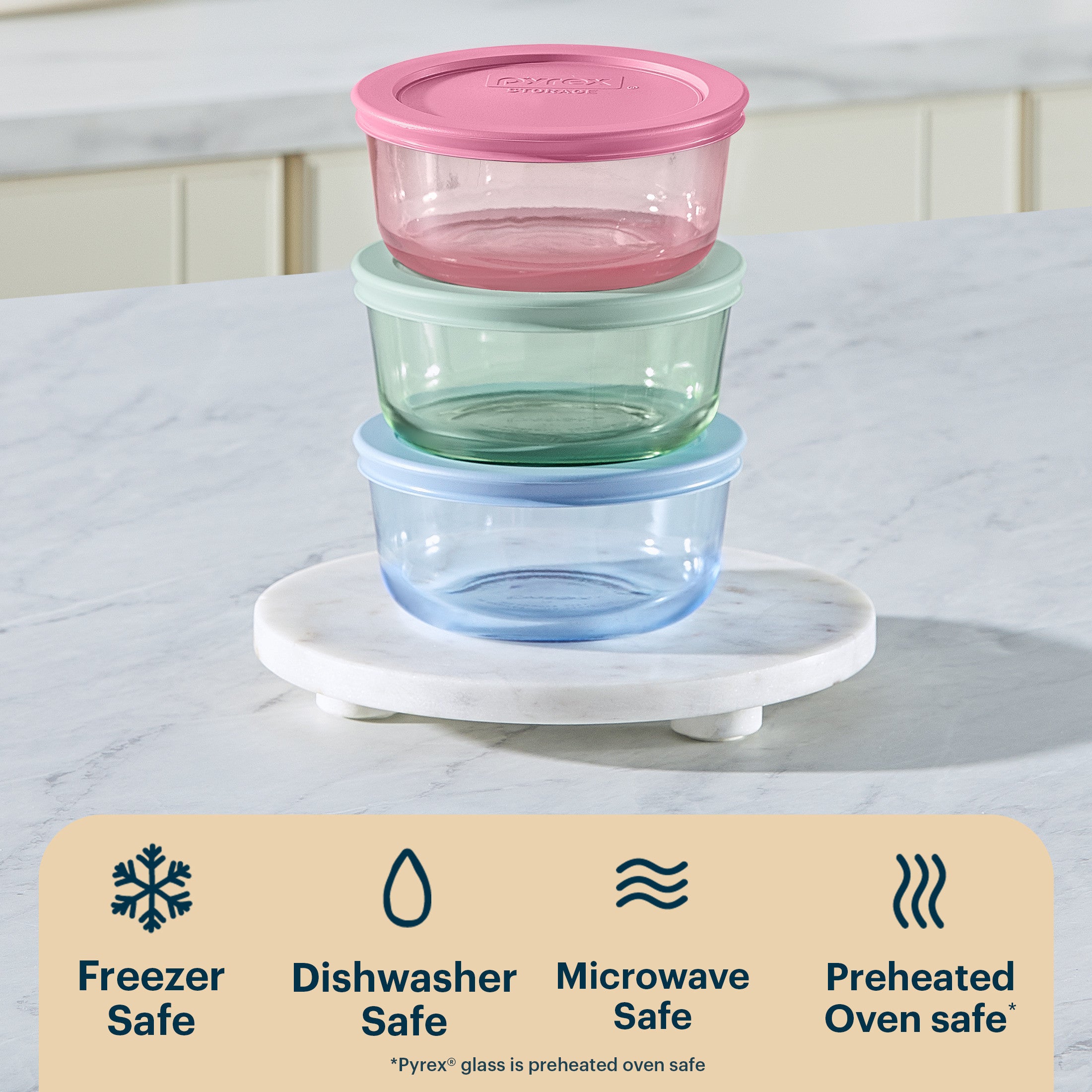 Pyrex? Simply Store? Tinted Glass 2-cup Round Storage Containers. 6-pc Set. Mixed Colors - Image 4
