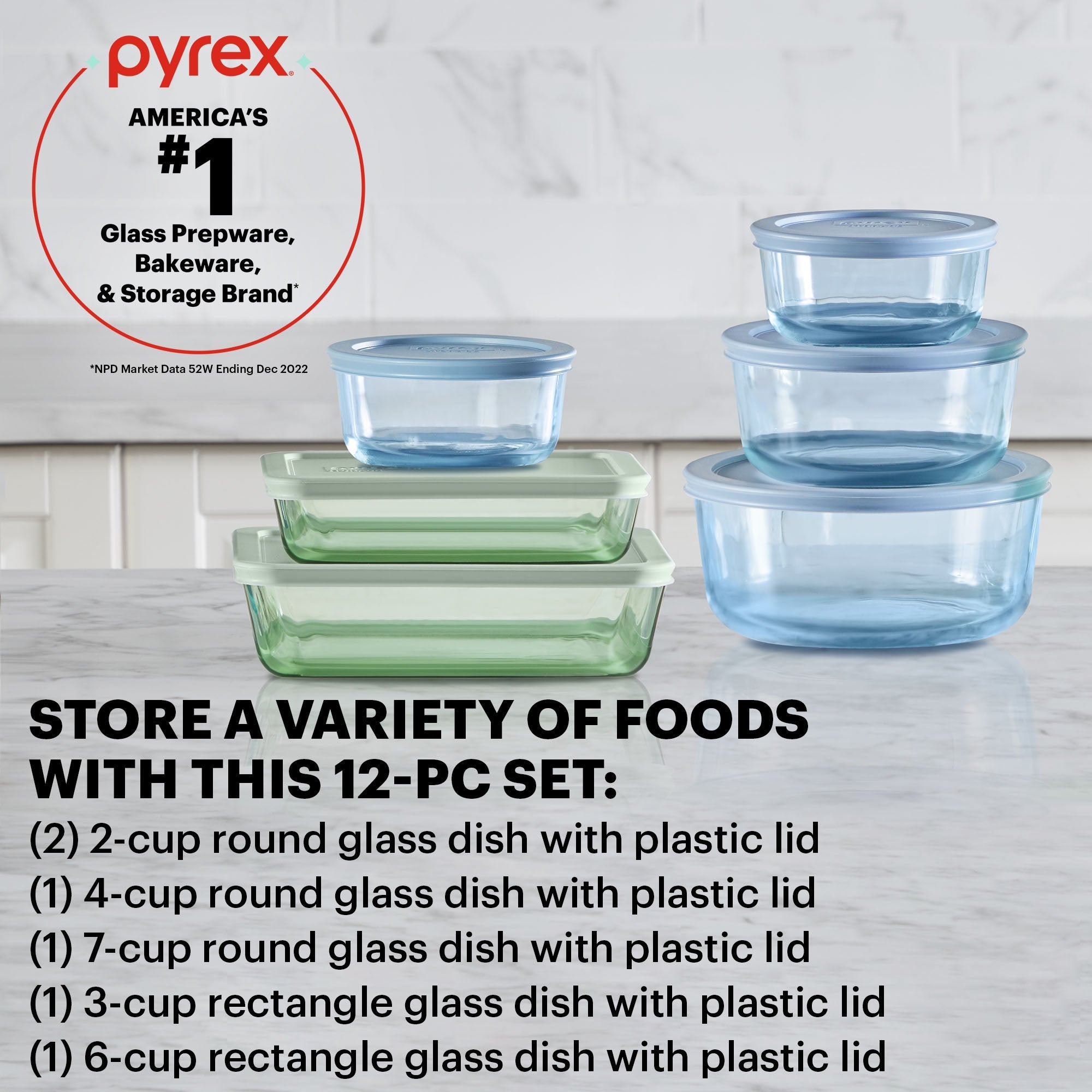 Pyrex® Simply Store® Tinted 12-piece Storage Set with Plastic Lids. Green and Blue - Image 2